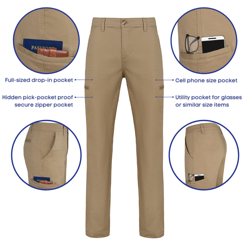 Secure travel pants with 7 multi-secure pockets proven to prevent